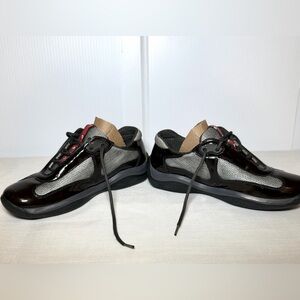 Prada Navy Blue & Grey Mesh Patent Leather Sneakers EU 36 US 6 Red Stripe